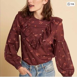 WARM Floral Francie Blouse Medium Burgundy Floral Crew Ruffle Sheer No Size Tag‎